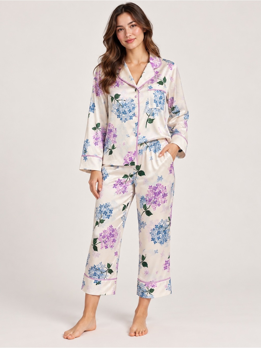 kate spade Cream Floral Hydrangea Pajama Set with Purple & Blue Accents
